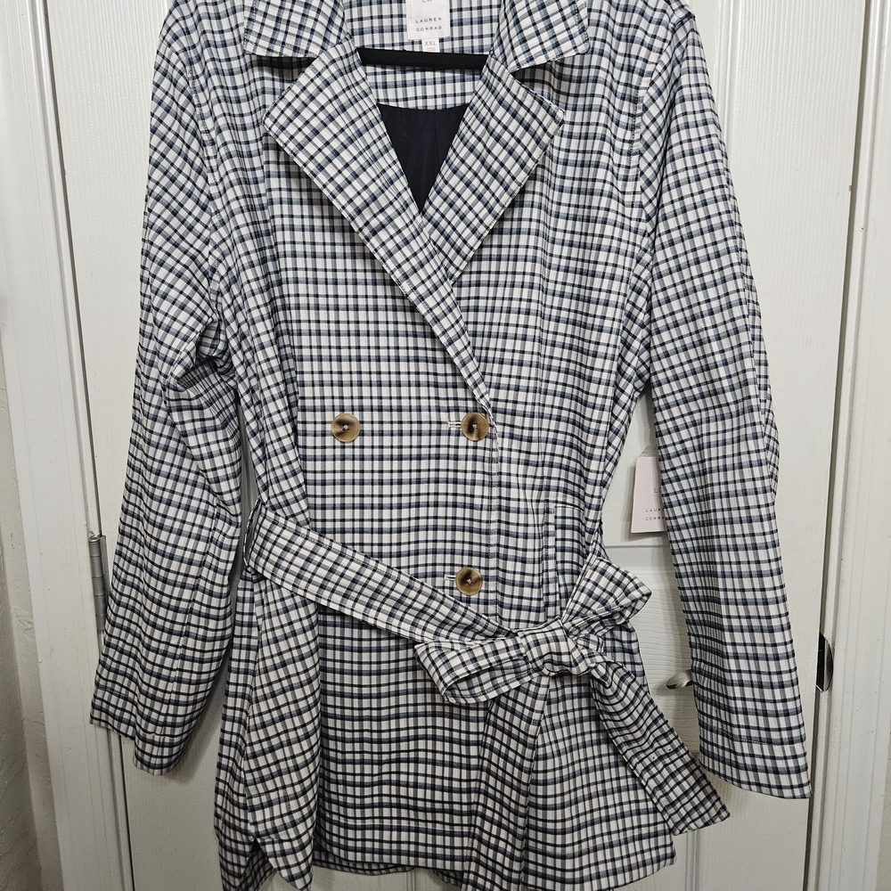 Lauren Conrad Navy and White Checkered Trench Coat